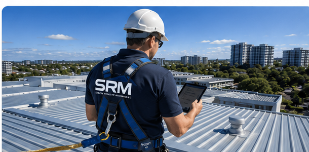 SRM assessor in high-vis harness and hard hat carrying out an independent roof assessment on a strata rooftop with a tablet, modern strata buildings visible under a bright Australian sky.